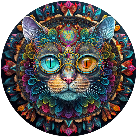 Quebra-cabeça de madeira mandala de gato mágico