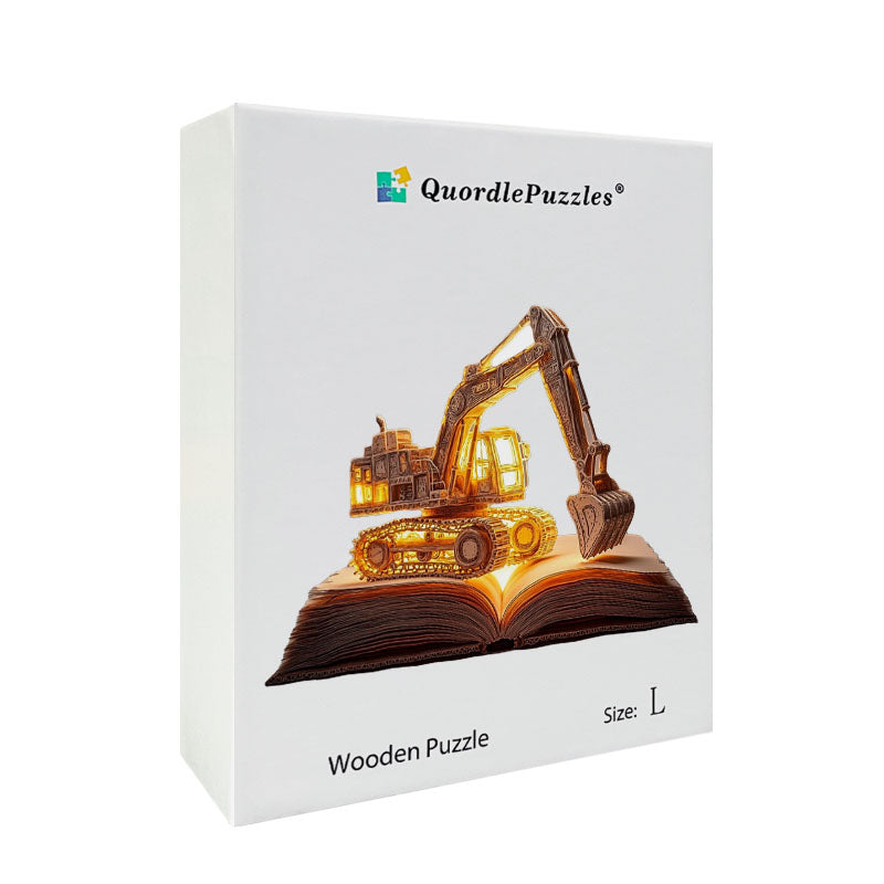 Quebra-cabeça de madeira 3D da escavadeira no livro