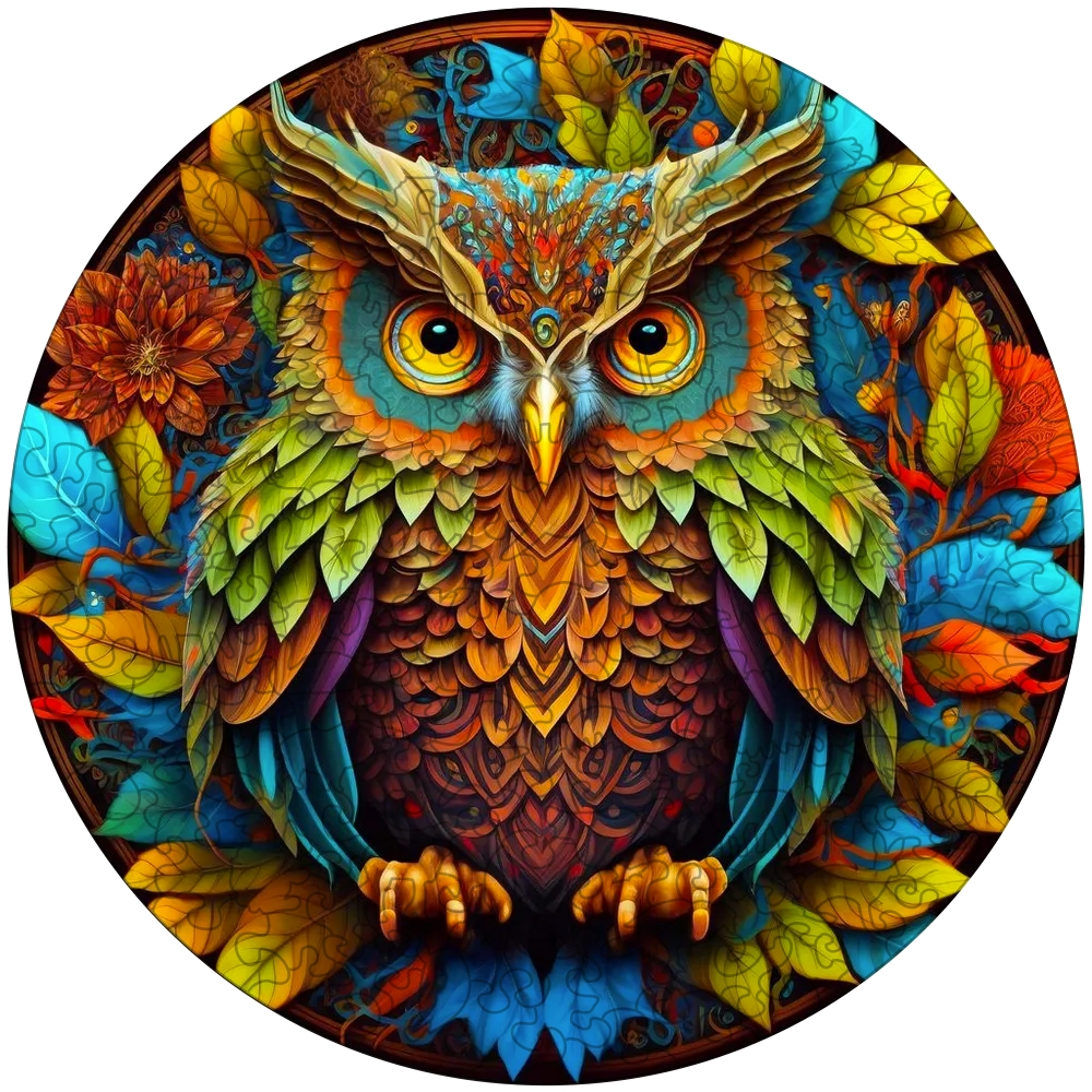 Quebra-cabeça de madeira coruja mandala