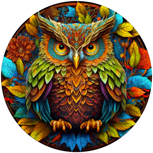 Quebra-cabeça de madeira coruja mandala