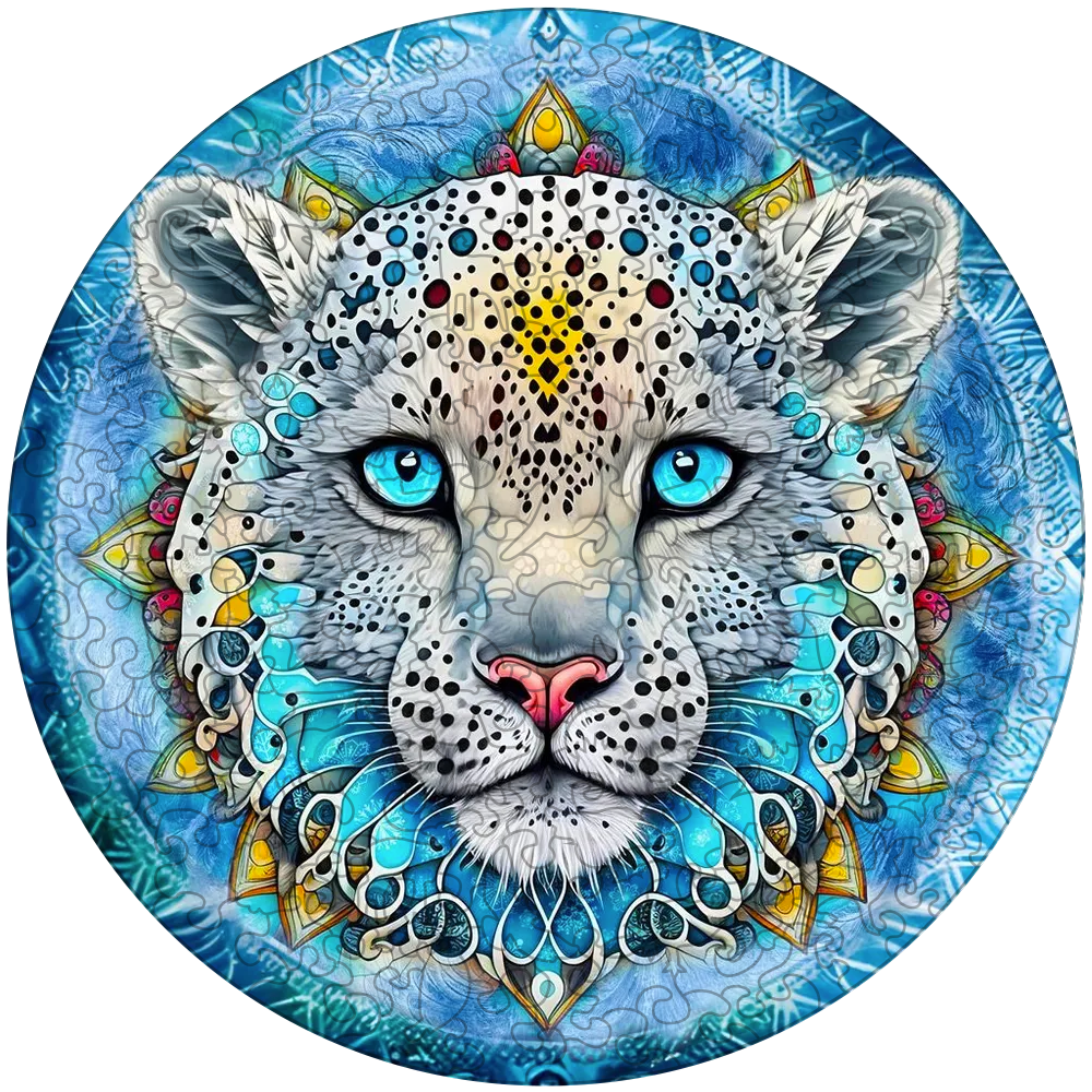 Quebra-cabeça de madeira mandala leopardo da neve