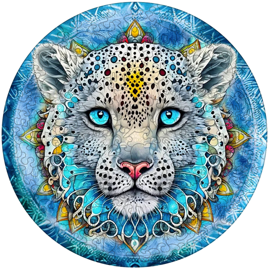 Quebra-cabeça de madeira mandala leopardo da neve