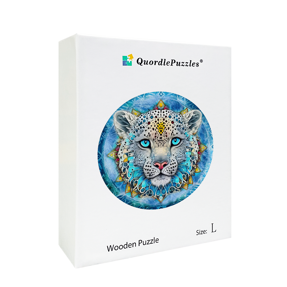 Quebra-cabeça de madeira mandala leopardo da neve