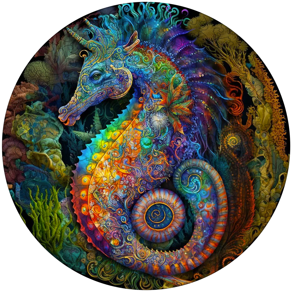 Quebra-cabeça de madeira mandala cavalo marinho