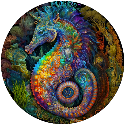 Quebra-cabeça de madeira mandala cavalo marinho