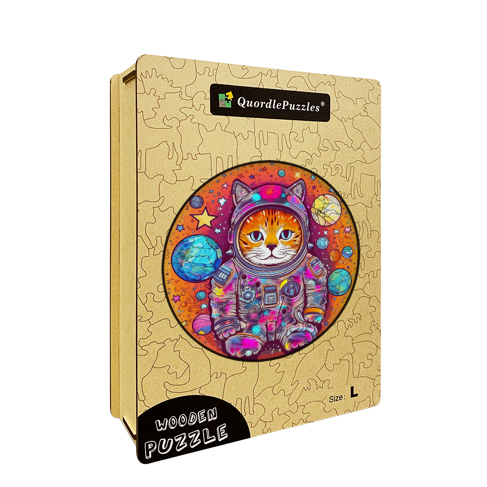 Quebra-cabeça de madeira engraçado gato astronauta