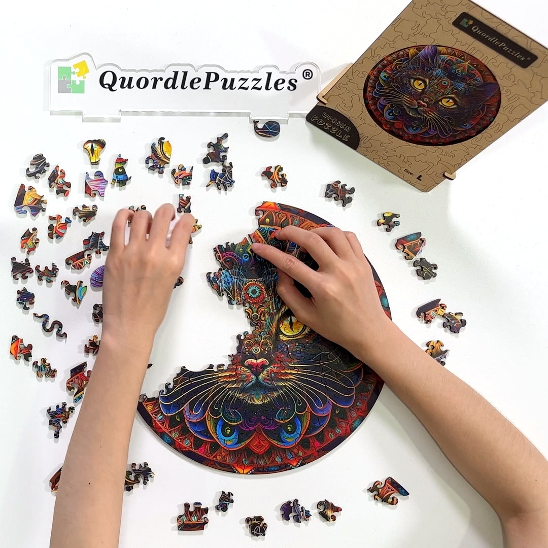 Quebra-cabeça de madeira de gato mandala