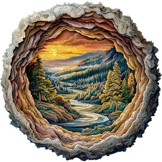 Paisagem em papel sobreposto de um rio ao pôr do sol