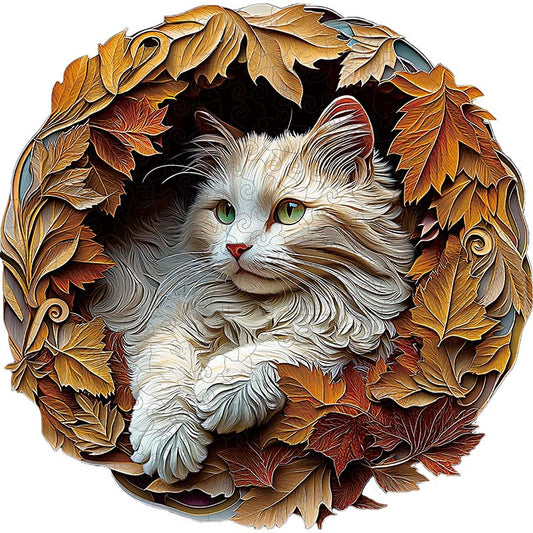 Um gato rodeado por folhas de outono