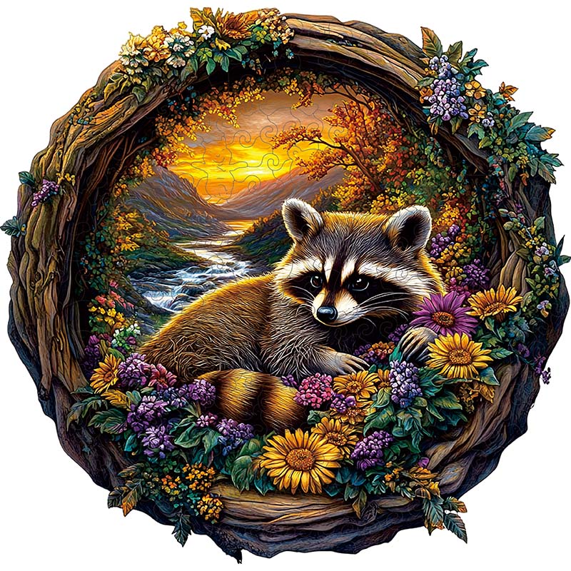 Um guaxinim entre flores coloridas