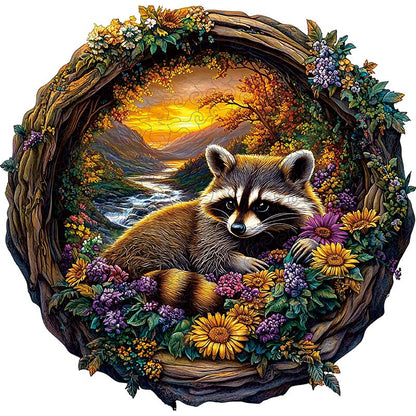 Um guaxinim entre flores coloridas