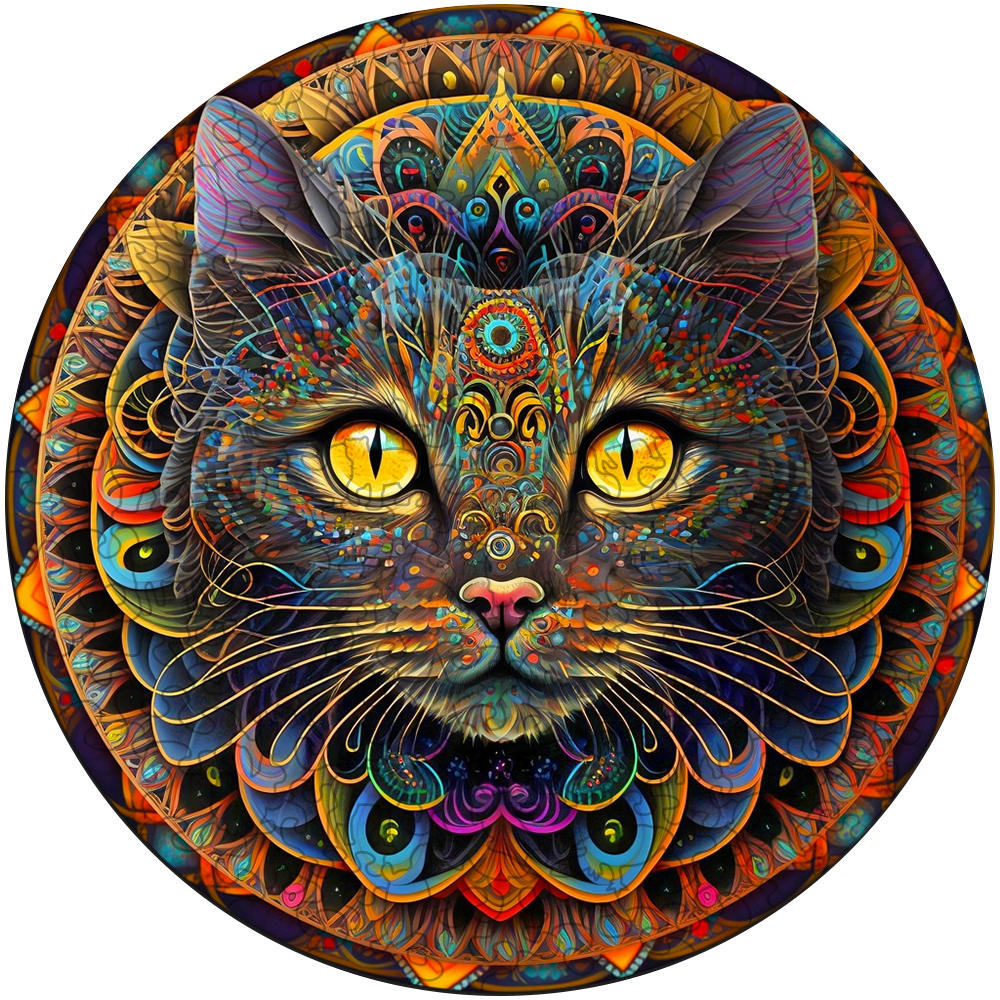Quebra-cabeça de madeira de gato mandala