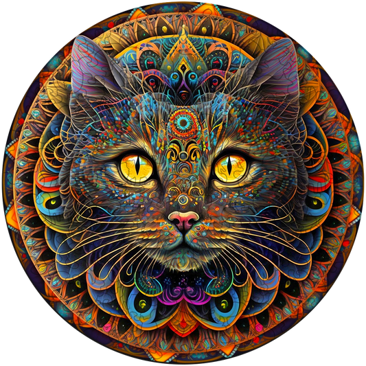 Quebra-cabeça de madeira de gato mandala