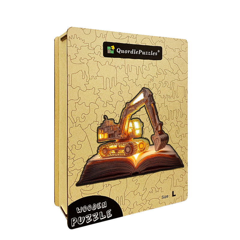 Quebra-cabeça de madeira 3D da escavadeira no livro