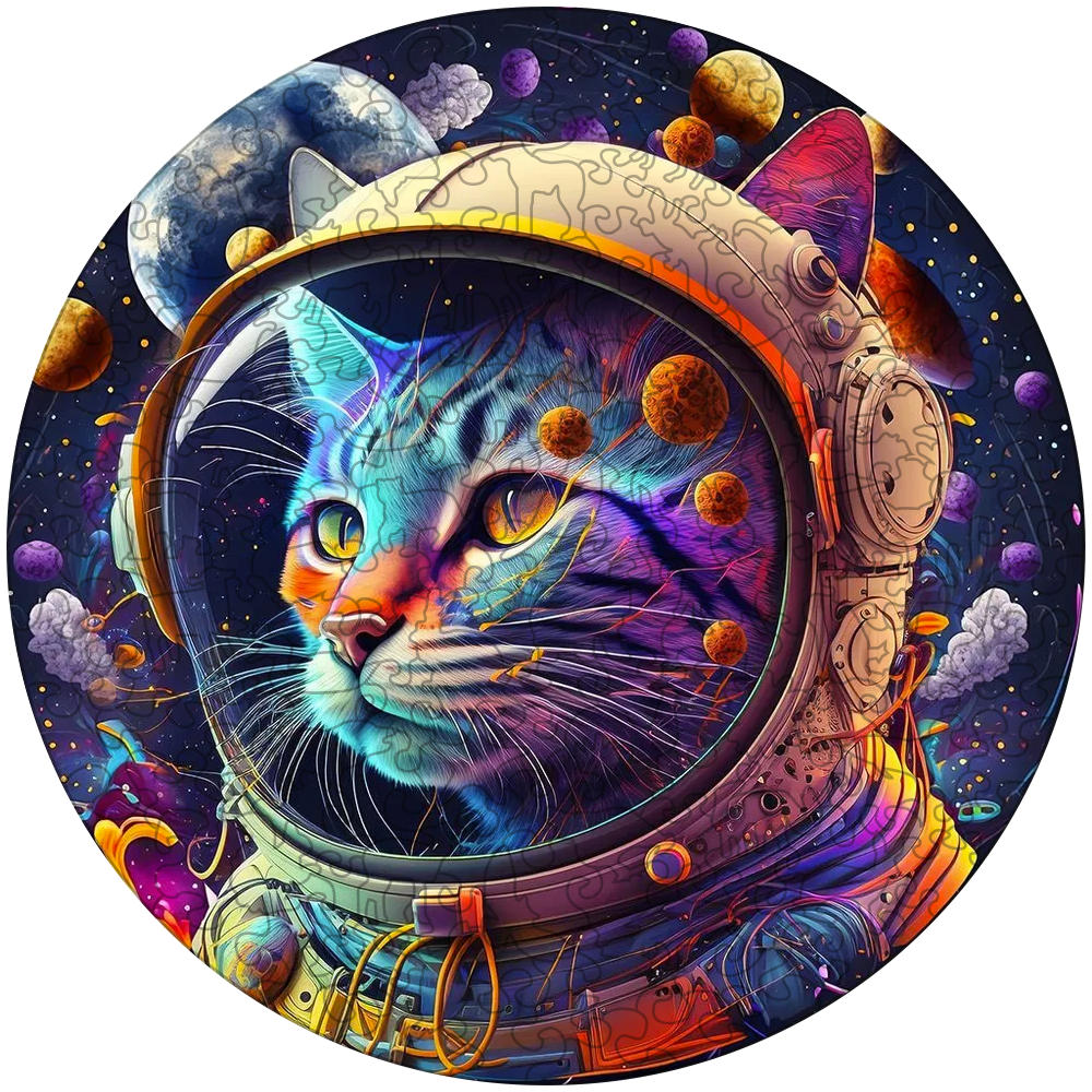 Quebra-cabeça de madeira de gatinhos fofos de gato espacial