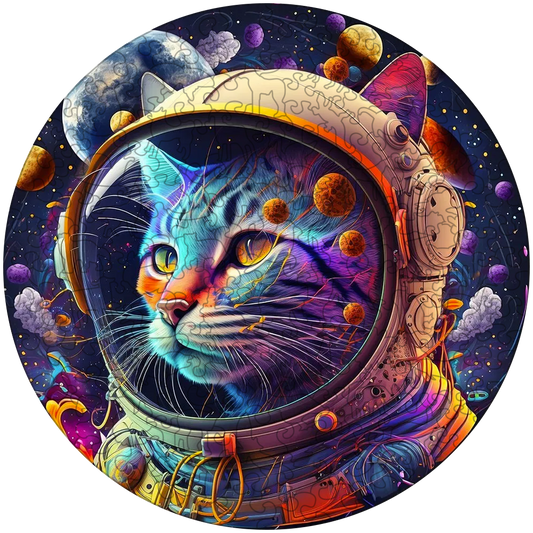 Quebra-cabeça de madeira de gatinhos fofos de gato espacial