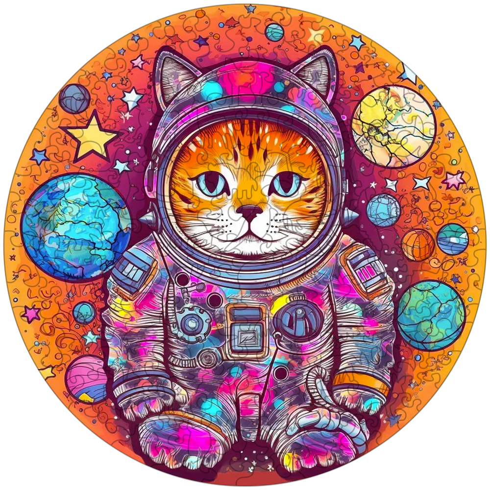 Quebra-cabeça de madeira engraçado gato astronauta
