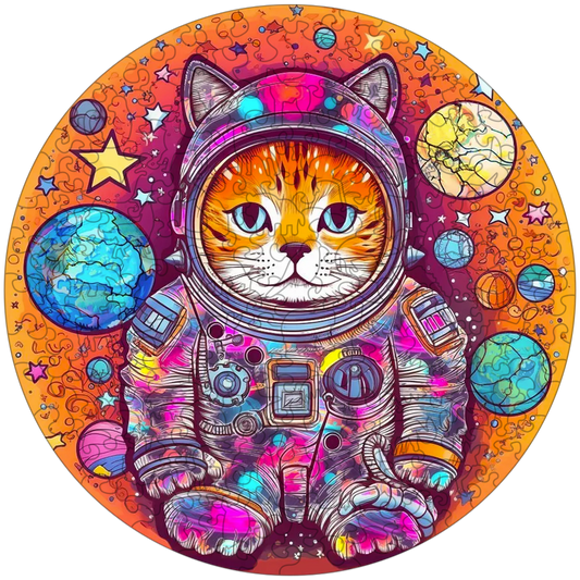 Quebra-cabeça de madeira engraçado gato astronauta