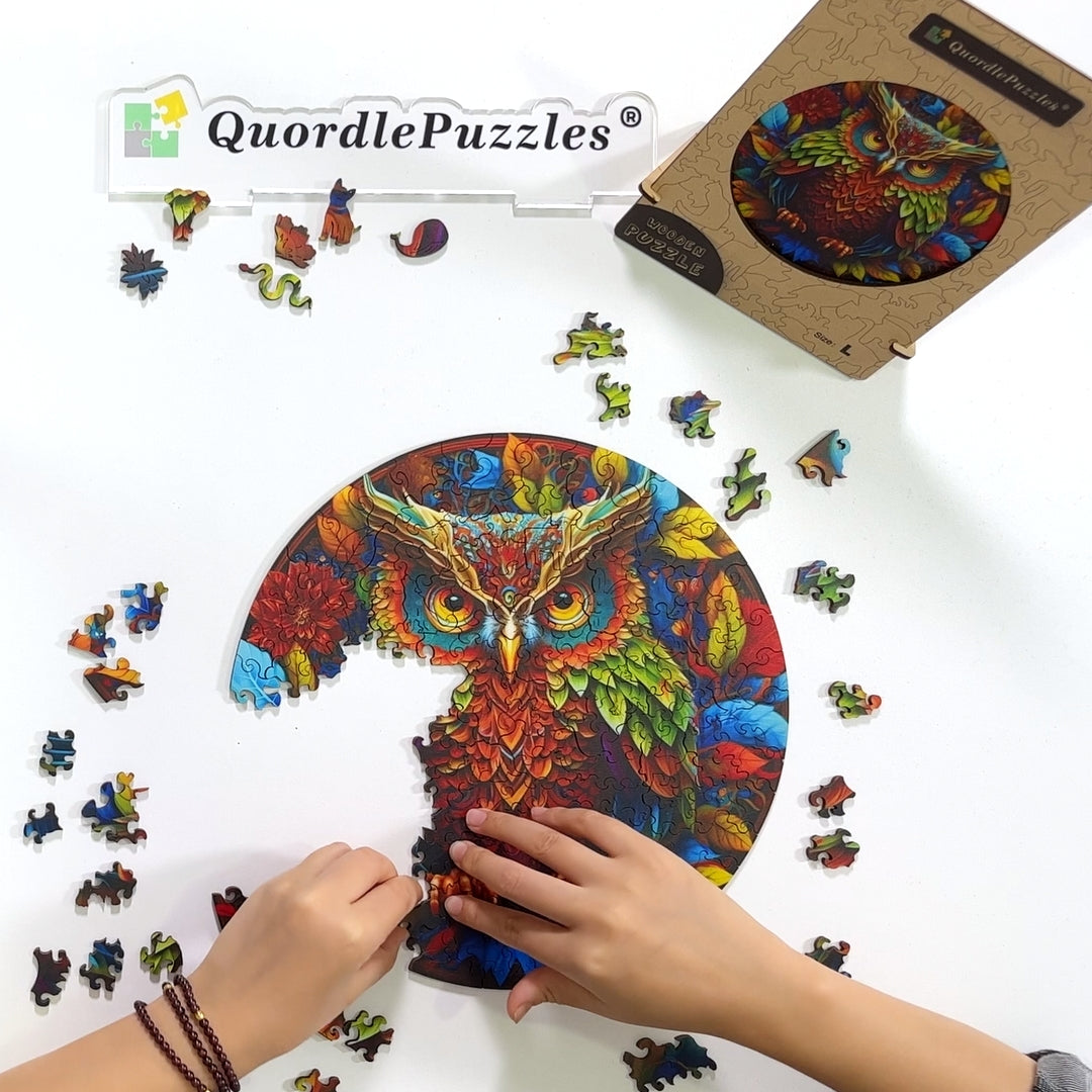 Quebra-cabeça de madeira coruja mandala